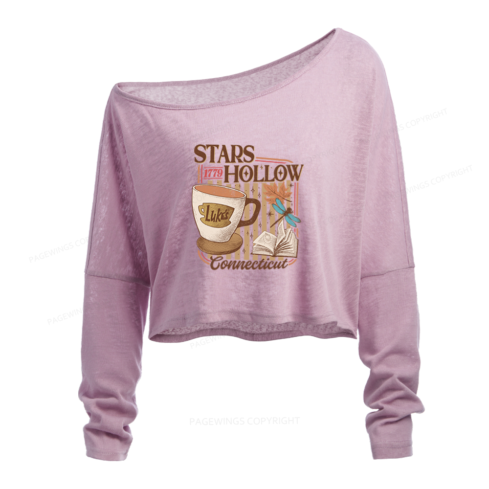 Pagewings Stars Hollow Slouchy Long Sleeve Off Shoulder T-shirt