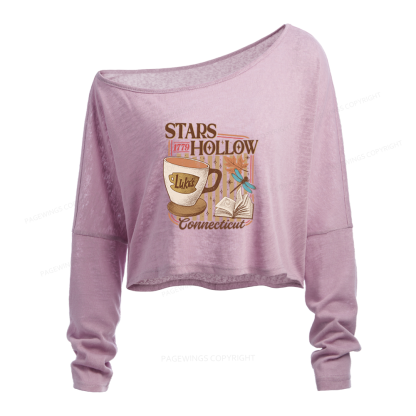 Pagewings Stars Hollow Slouchy Long Sleeve Off Shoulder T-shirt
