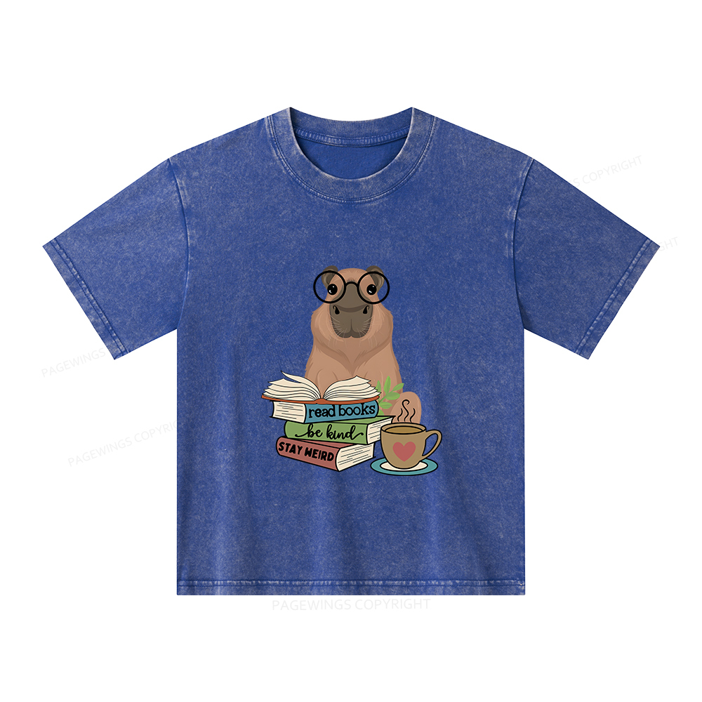 Pagewings Capybara Reading Unisex Kids Washed T-shirt