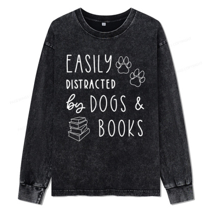 Pagewings Dogs And Books Unisex Washed Long Sleeve T-shirt