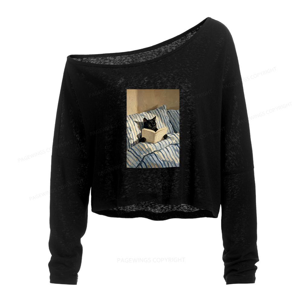 Pagewings Black Cat Reading in Bed Slouchy Long Sleeve Off Shoulder T-shirt