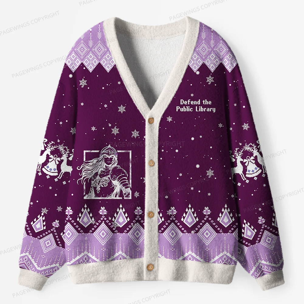 Pagewings Defend The Public Library Unisex Ugly Cardigan Sweaters
