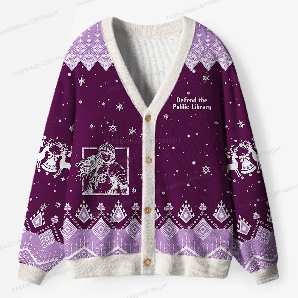 Pagewings Defend The Public Library Unisex Ugly Cardigan Sweaters