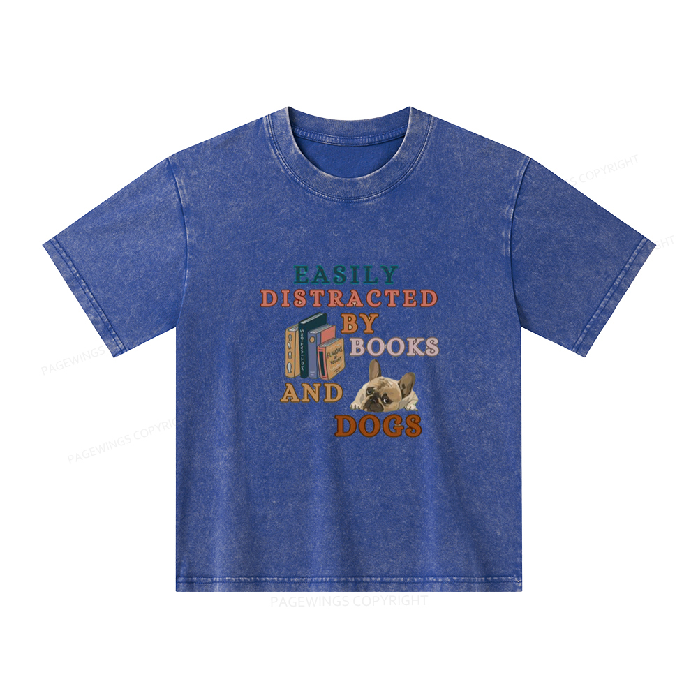 Pagewings Easily Distracted By Books And Dogs Unisex Kids Washed T-shirt