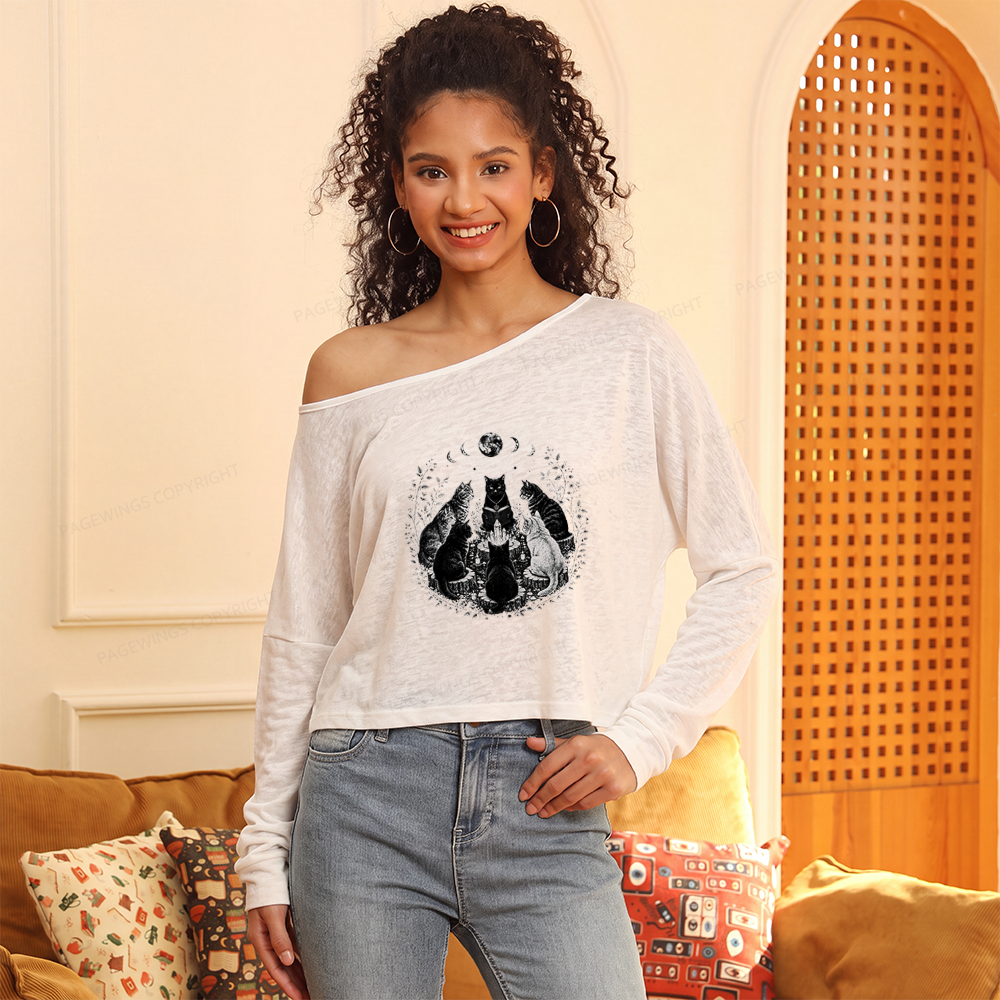 Pagewings Mystical Black Cat Slouchy Long Sleeve Off Shoulder T-shirt