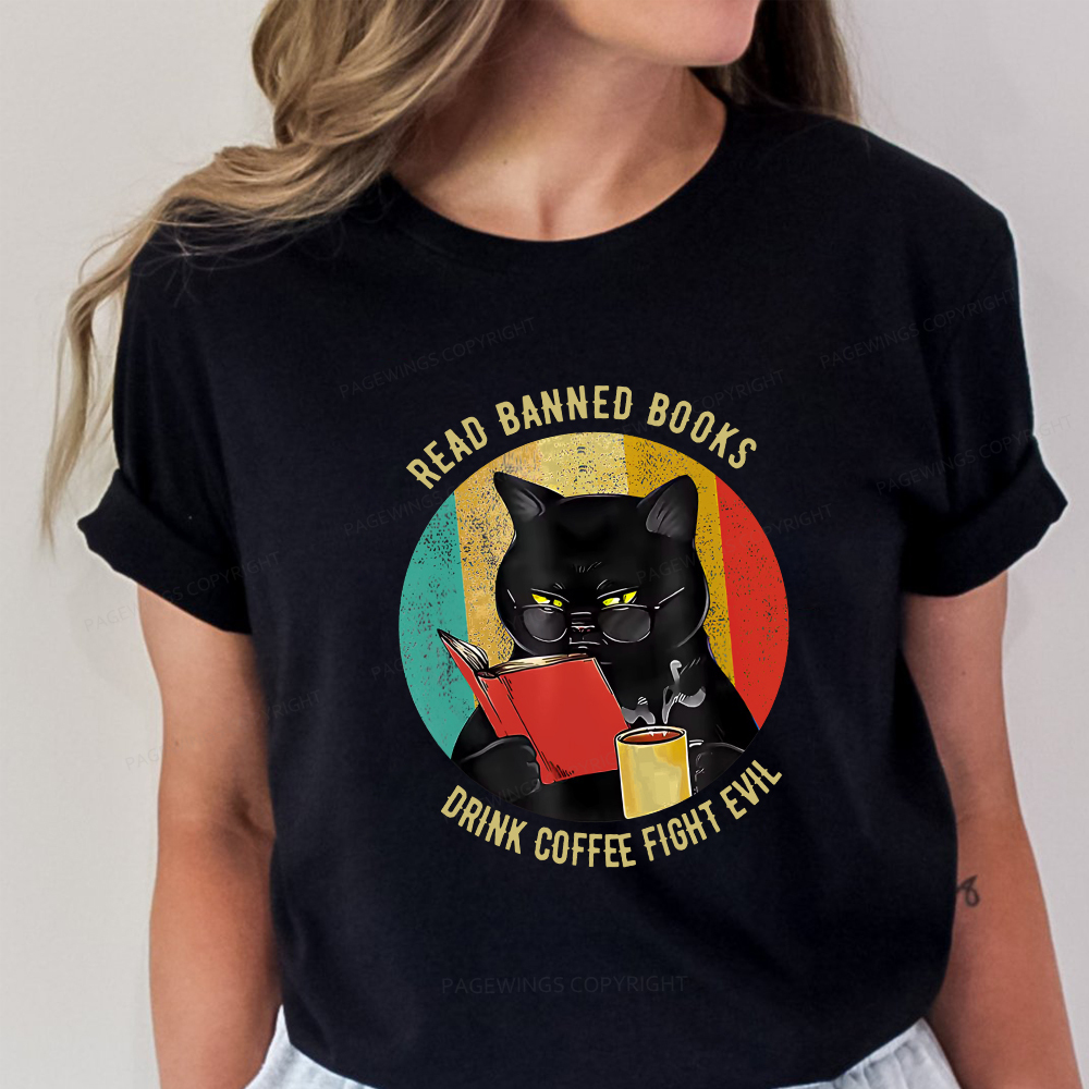 Pagewings Read Banned Books Drink Coffee Fight Evil Retro Cat Lovers T-Shirt Unisex Classic T-shirt
