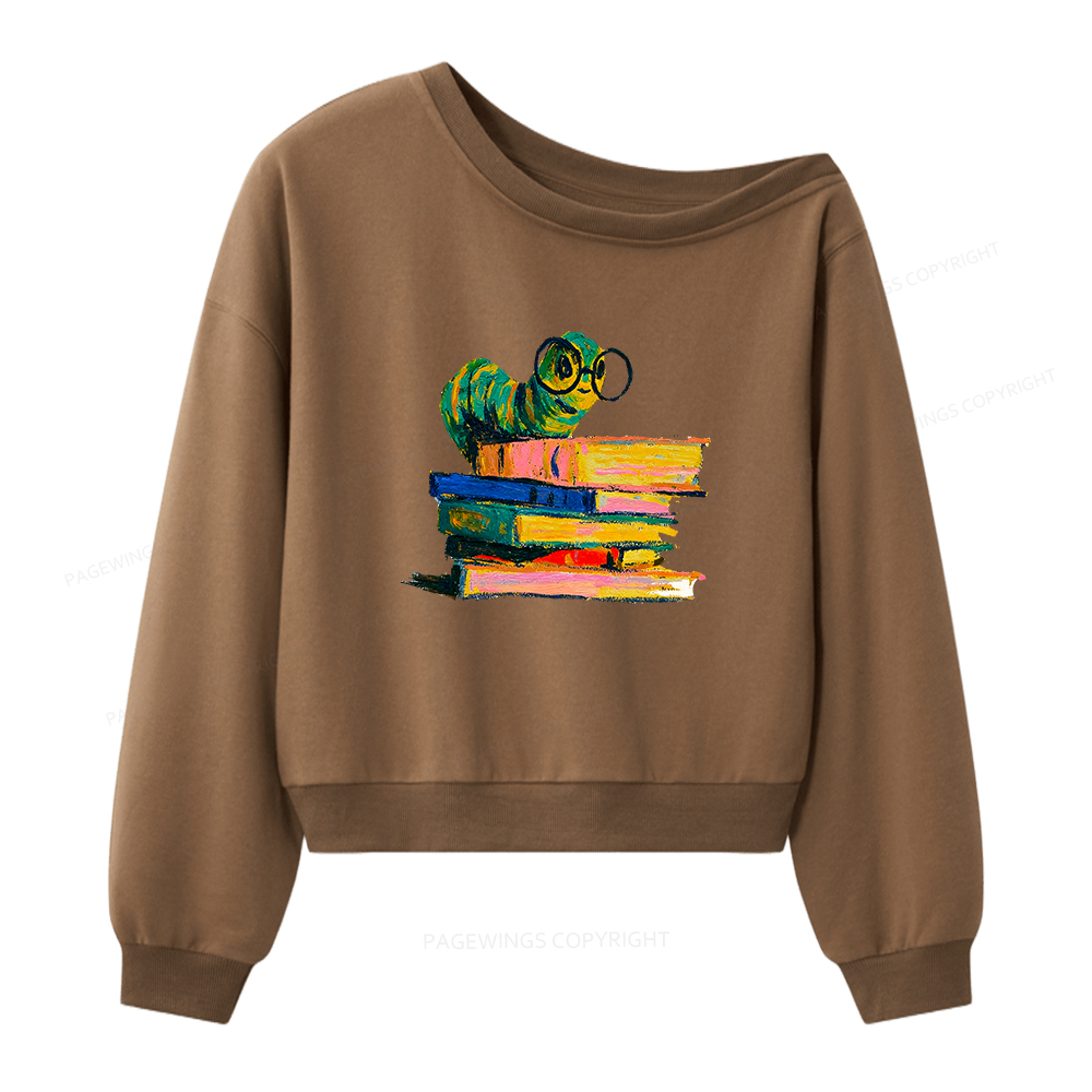 Pagewings Cute Bookworm Women Off Shoulder Sweatshirt