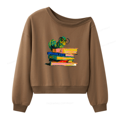 Pagewings Cute Bookworm Women Off Shoulder Sweatshirt