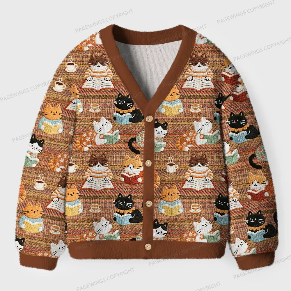Pagewings Cats And Reading Unisex Ugly Cardigan Sweaters