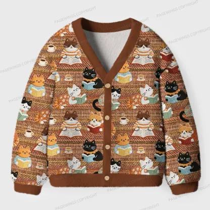 Pagewings Cats And Reading Unisex Ugly Cardigan Sweaters