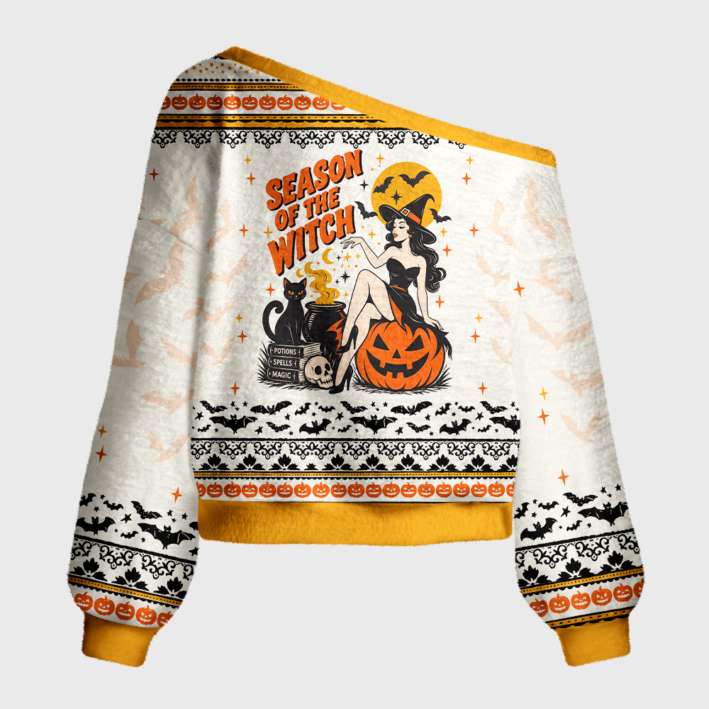 Pagewings Halloween Bookish Off Shoulder Ugly Knit Sweater