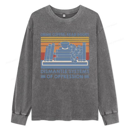 Pagewings Drink Coffee Read Books Unisex Washed Long Sleeve T-shirt