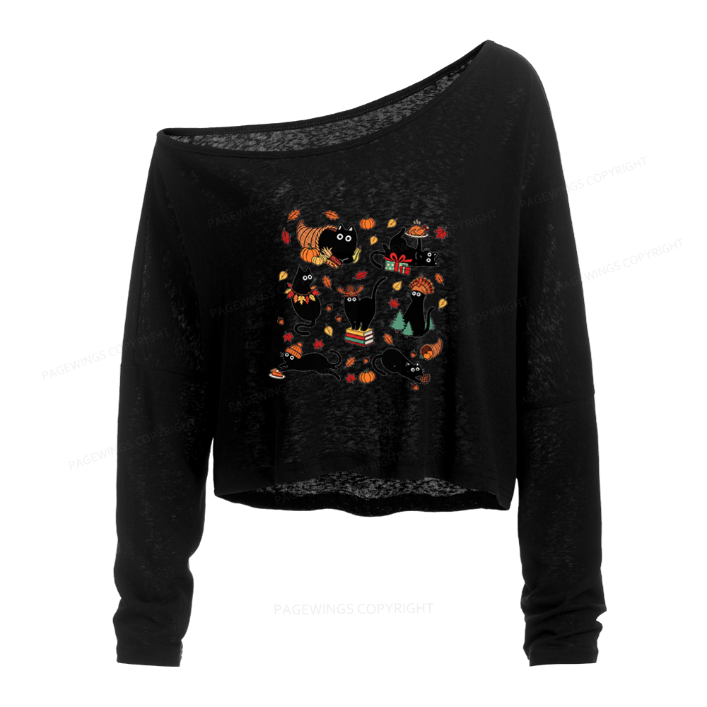 Pagewings Thanksgiving Cat Slouchy Long Sleeve Off Shoulder T-shirt