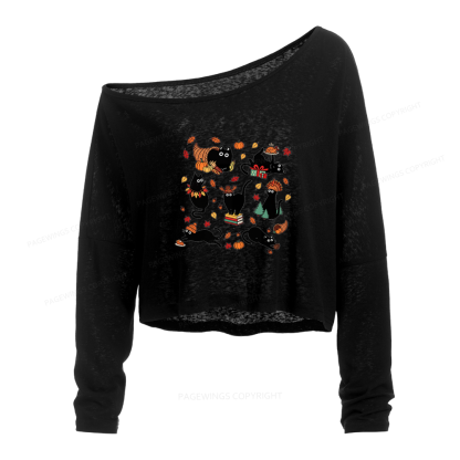 Pagewings Thanksgiving Cat Slouchy Long Sleeve Off Shoulder T-shirt
