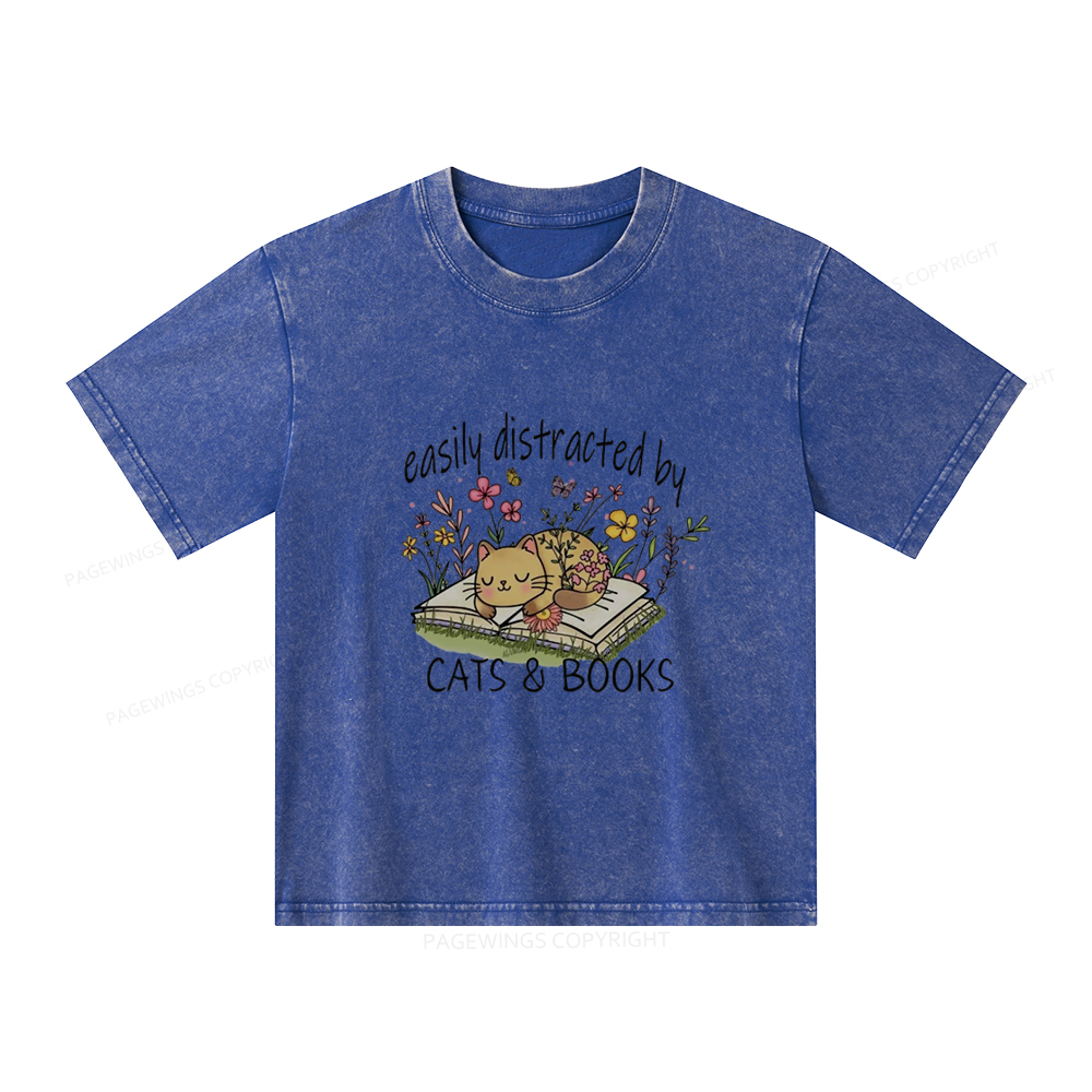 Pagewings Easily Distracted By Cats And Books Unisex Kids Washed T-shirt
