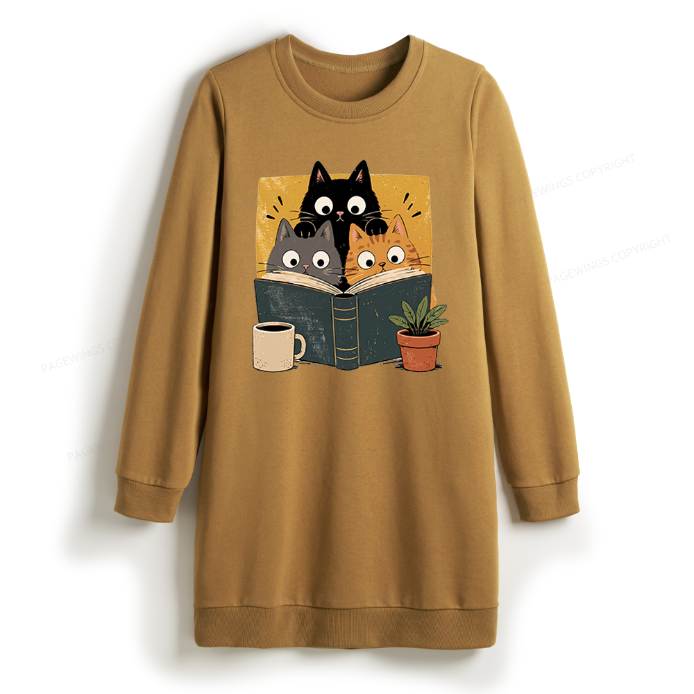 Pagewings Retro Curious Reading Cats Sweatshirt Dress