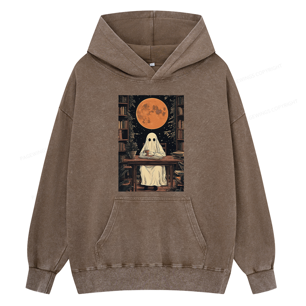 Pagewings Halloween Ghost Books Coffee Unisex Washed Hoodie