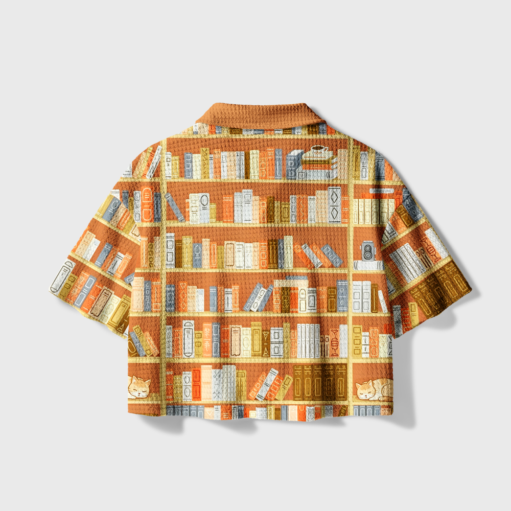 Pagewings Read More Books Camp Collar Boxy Fit Unisex Crochet Shirt