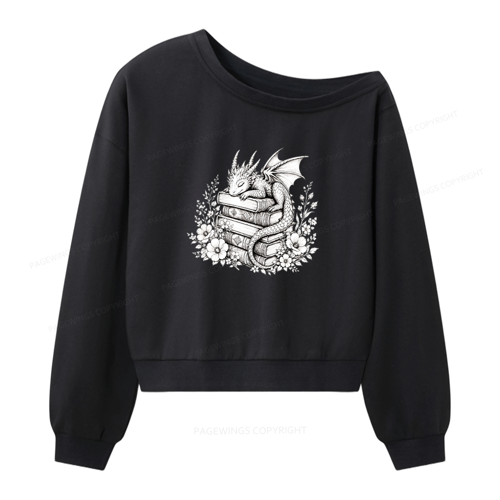 Pagewings Black Baby Dragon Book Women Off Shoulder Sweatshirt