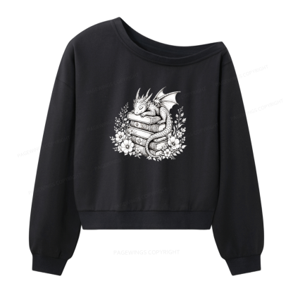 Pagewings Black Baby Dragon Book Women Off Shoulder Sweatshirt
