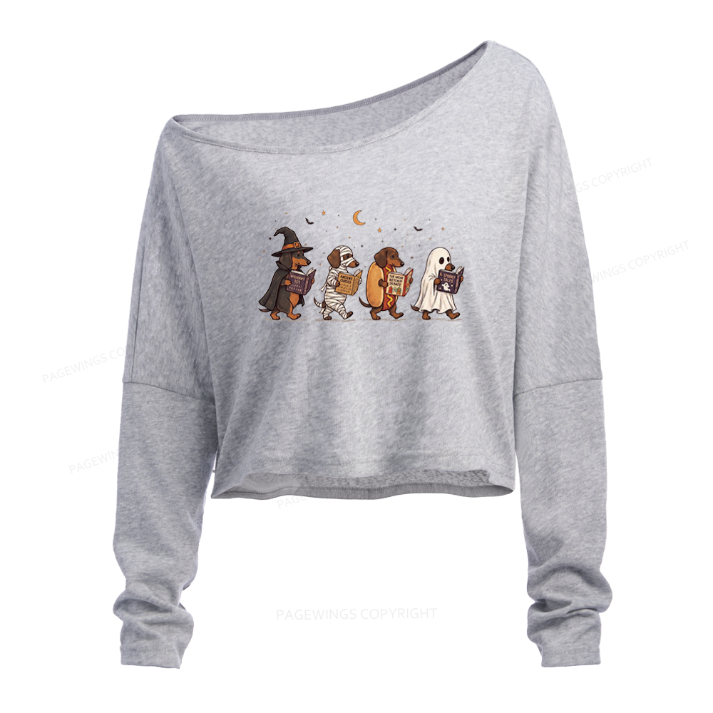 Pagewings Cute Spooky Season Wiener Dog Reading Slouchy Long Sleeve Off Shoulder T-shirt