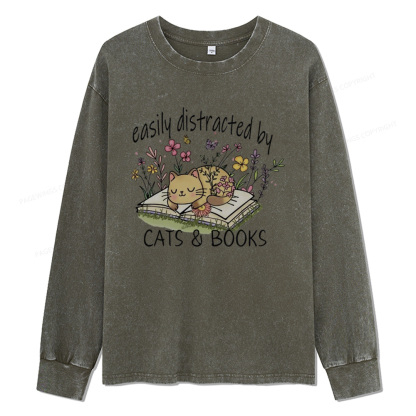Pagewings Easily Distracted By Cats And Books Unisex Washed Long Sleeve T-shirt