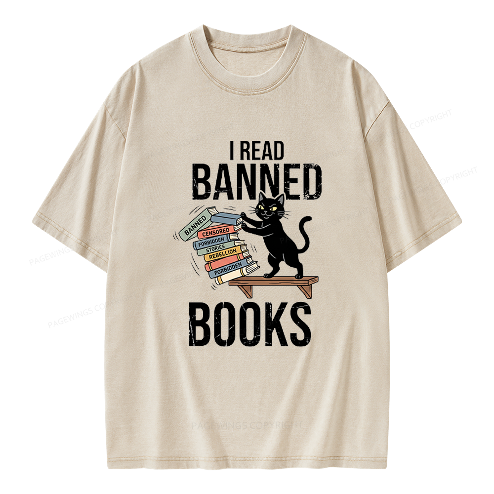 Pagewings Black Cat I Read Banned Books Unisex Washed T-shirt