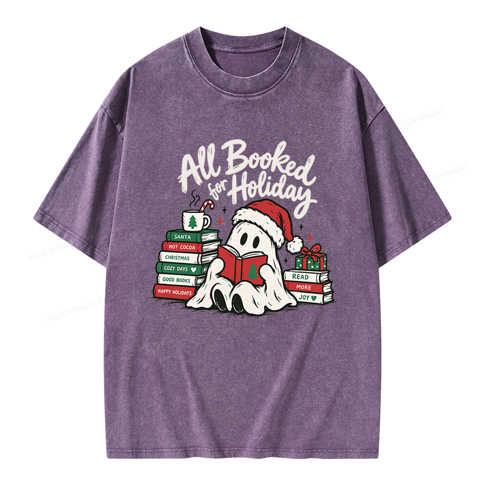 Pagewings Christmas Ghost Reading Books Unisex Washed T-shirt