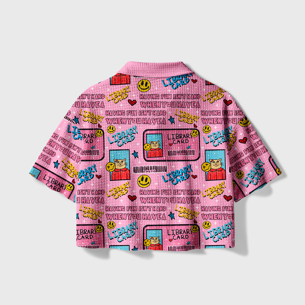 Pagewings Retro Bookish Cat Camp Collar Boxy Fit Unisex Crochet Shirt