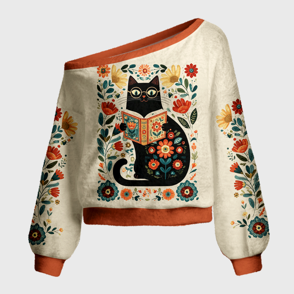 Pagewings Cat Book Lover Off Shoulder Ugly Knit Sweater