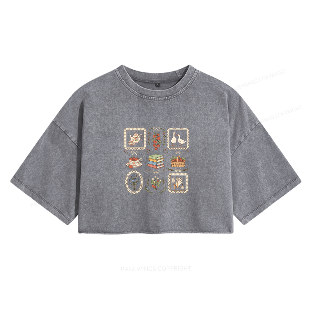 Pagewings Goose Reading Women's Washed Cropped T-shirt