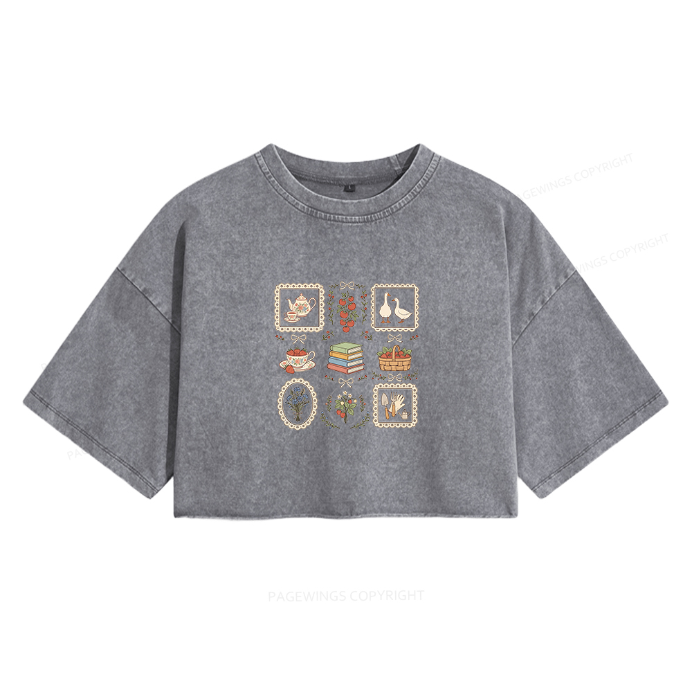 Pagewings Goose Reading Women's Washed Cropped T-shirt