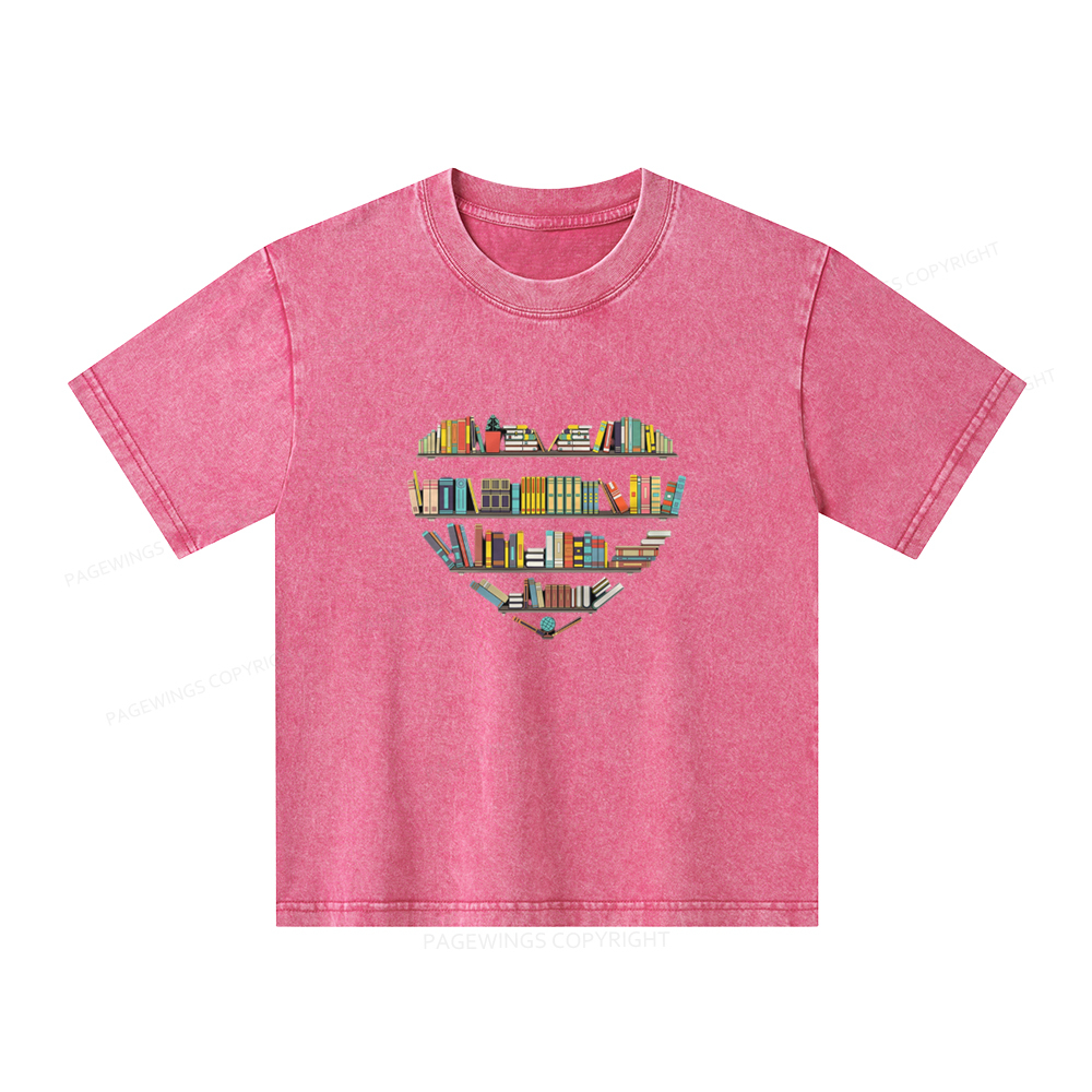 Pagewings Heart Bookshelves Unisex Kids Washed T-shirt