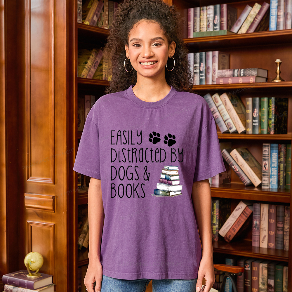 Pagewings Easily Distracted By Dogs And Books Unisex Washed T-shirt