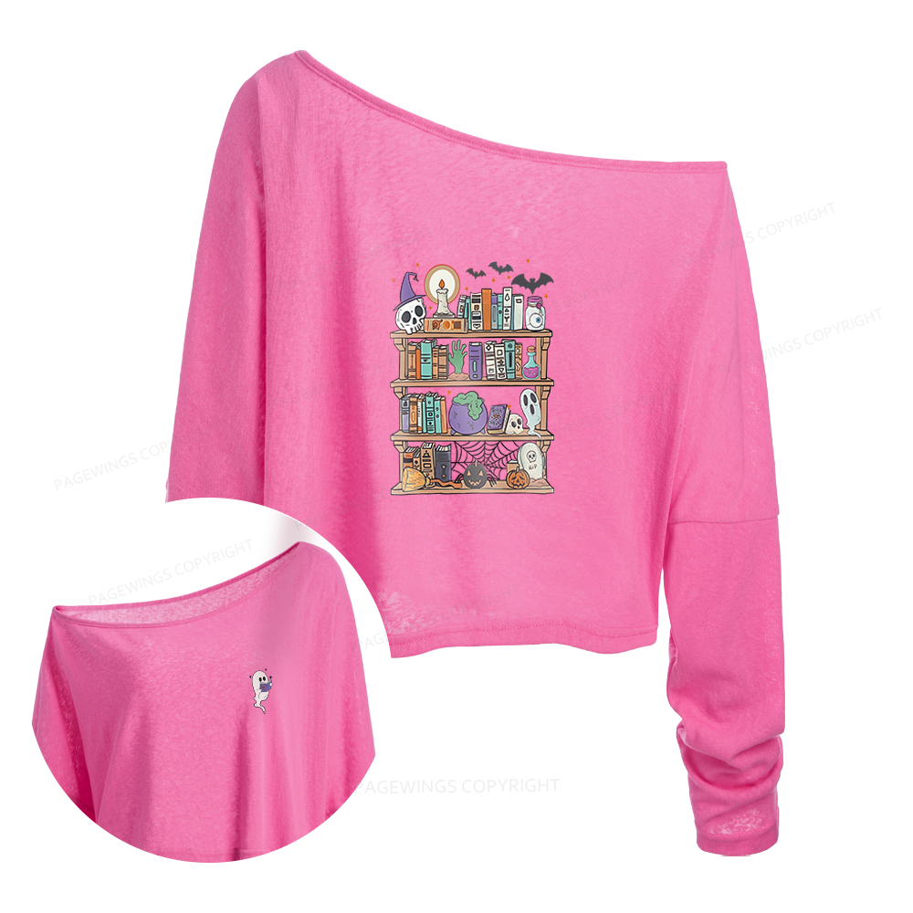 Pagewings Ghost Book Reader Halloween Slouchy Long Sleeve Off Shoulder T-shirt