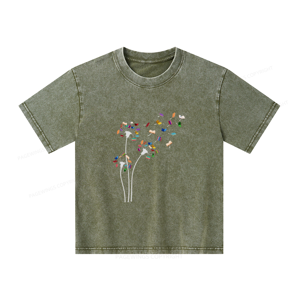 Pagewings Cute Dandelion Books Flower Fly Unisex Kids Washed T-shirt