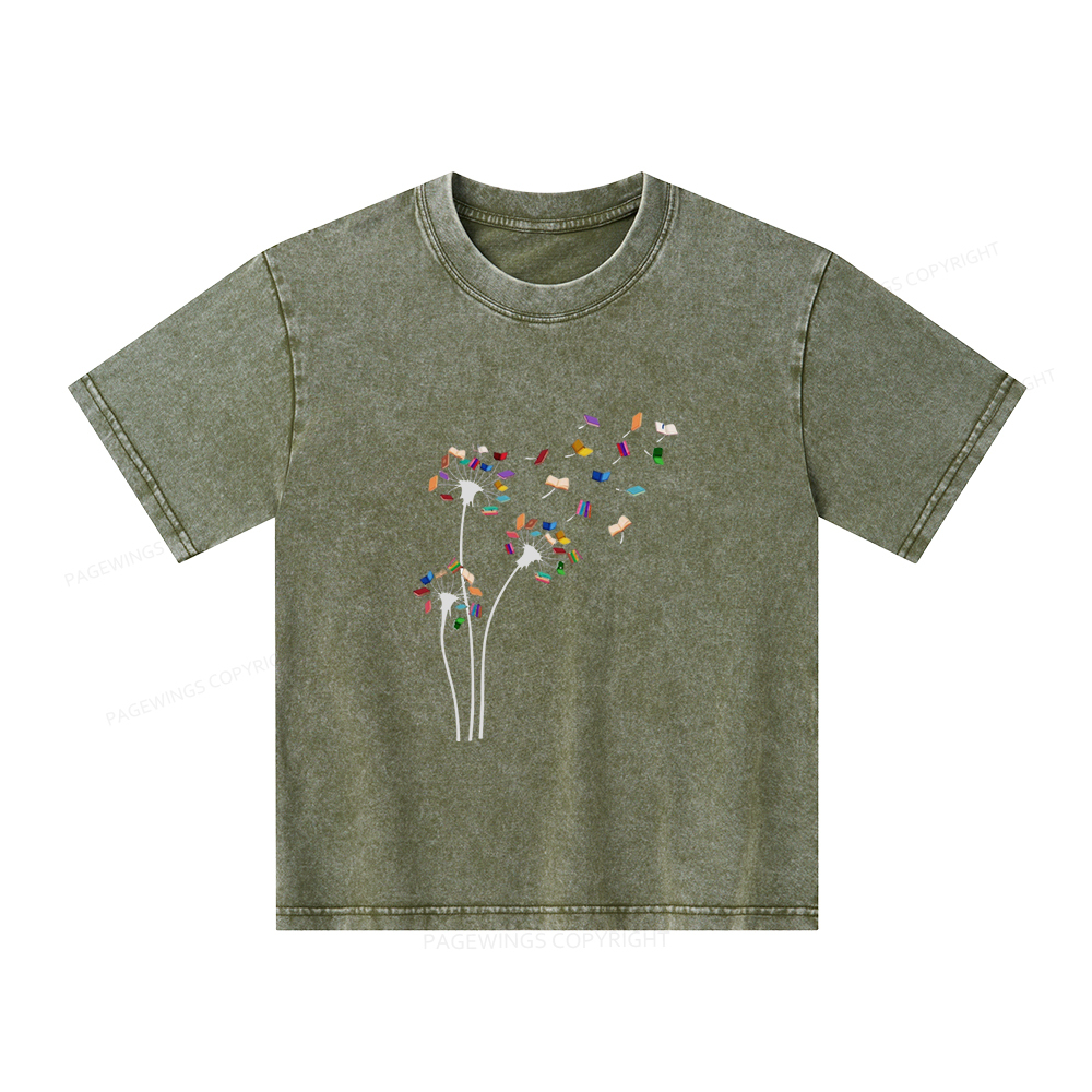 Pagewings Cute Dandelion Books Flower Fly Unisex Kids Washed T-shirt