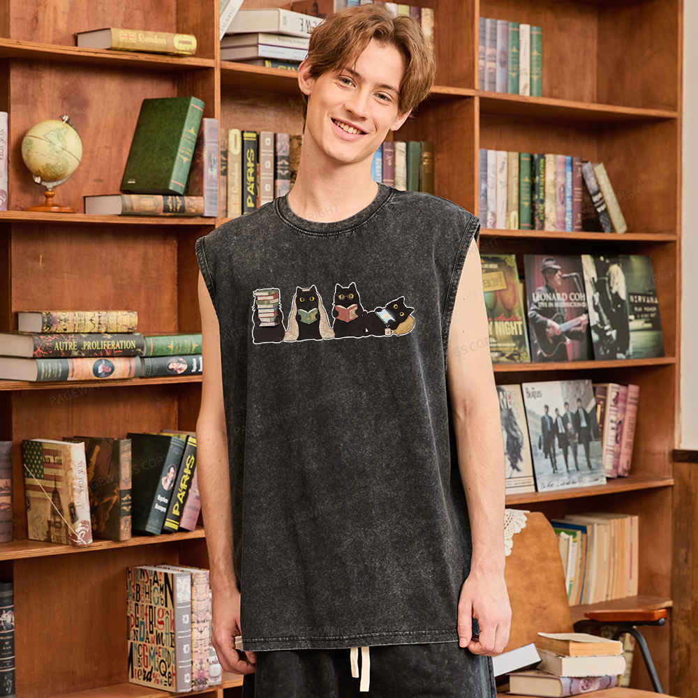 Pagewings Black Cats Reading Unisex Washed T-shirt Unisex Washed Tank Top