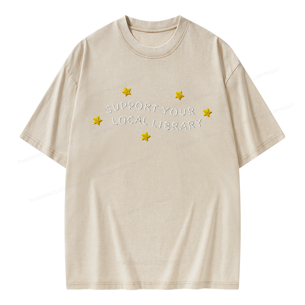 Pagewings Embroidered Support Your Local Library Unisex Washed T-shirt