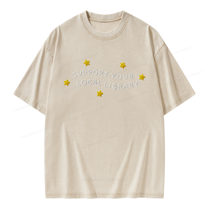 Pagewings Embroidered Support Your Local Library Unisex Washed T-shirt
