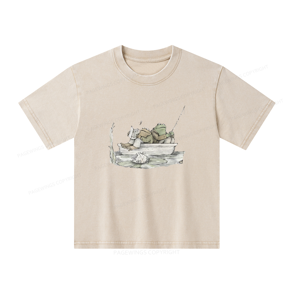 Pagewings Frog Reading Unisex Kids Washed T-shirt