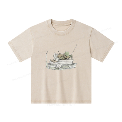 Pagewings Frog Reading Unisex Kids Washed T-shirt