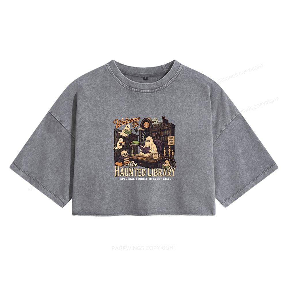Pagewings Haunted Library Women's Washed Cropped T-shirt
