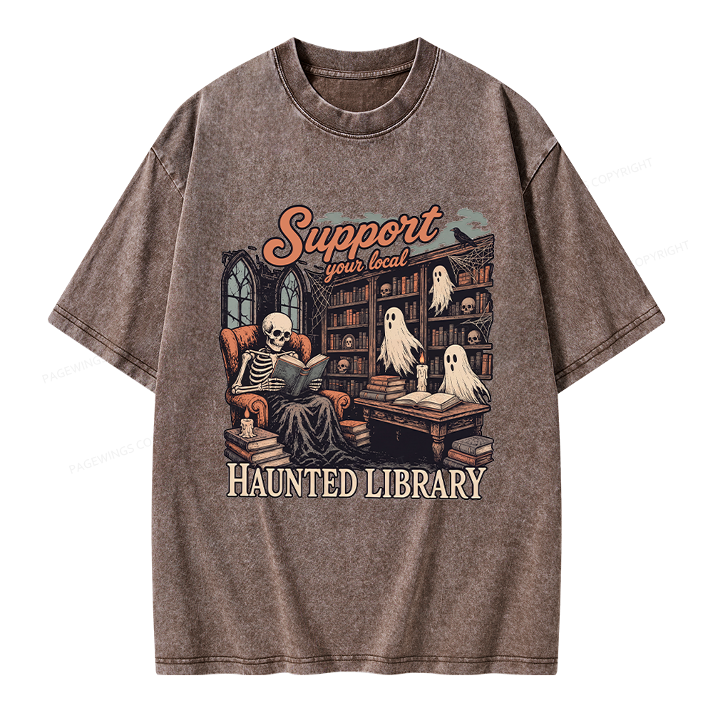 Pagewings Support Your Local Haunted Library Unisex Washed T-shirt