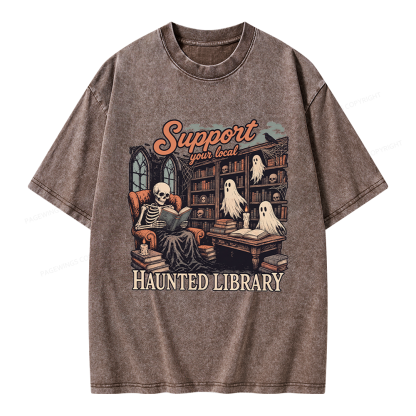 Pagewings Support Your Local Haunted Library Unisex Washed T-shirt