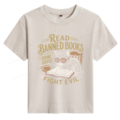 Pagewings Read Books Drink Coffee Fight Evil Women's Washed T-shirt