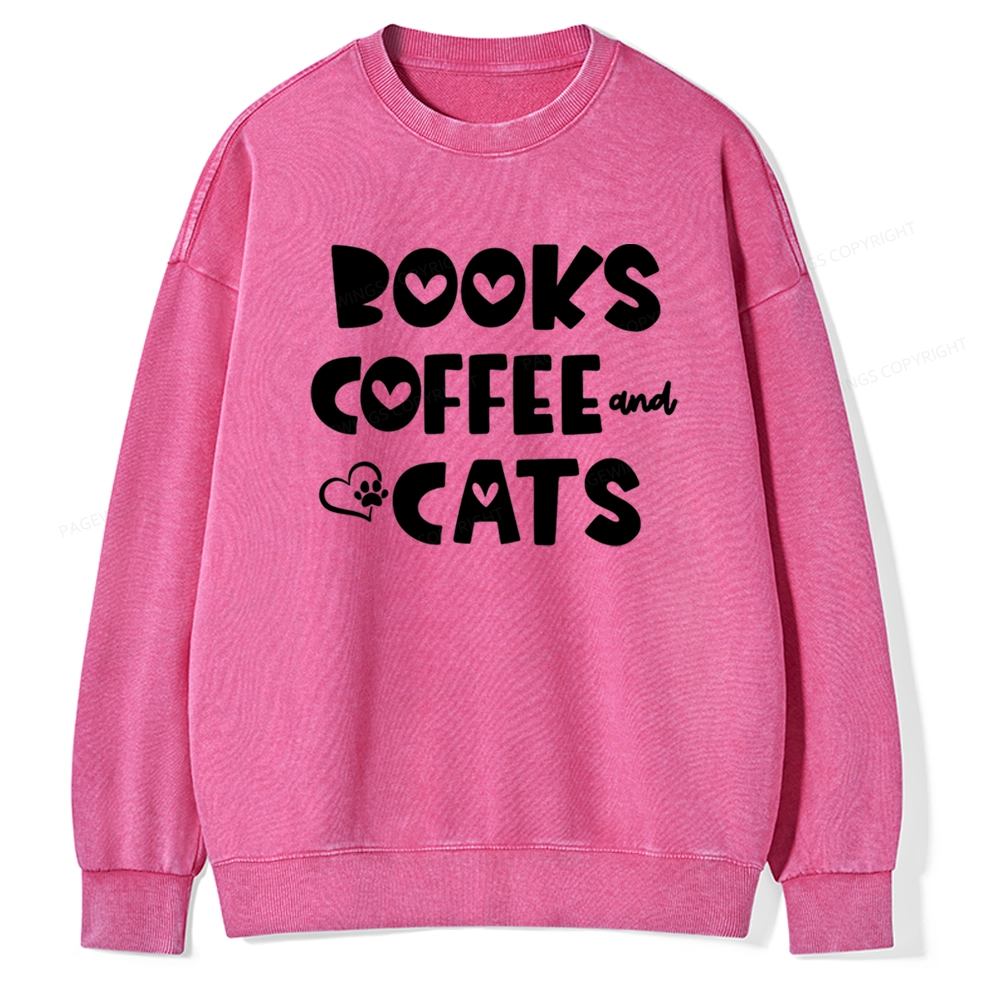 Pagewing Books Coffee and Cats Unisex Washed Sweatshirt