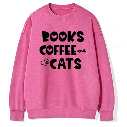 Pagewing Books Coffee and Cats Unisex Washed Sweatshirt