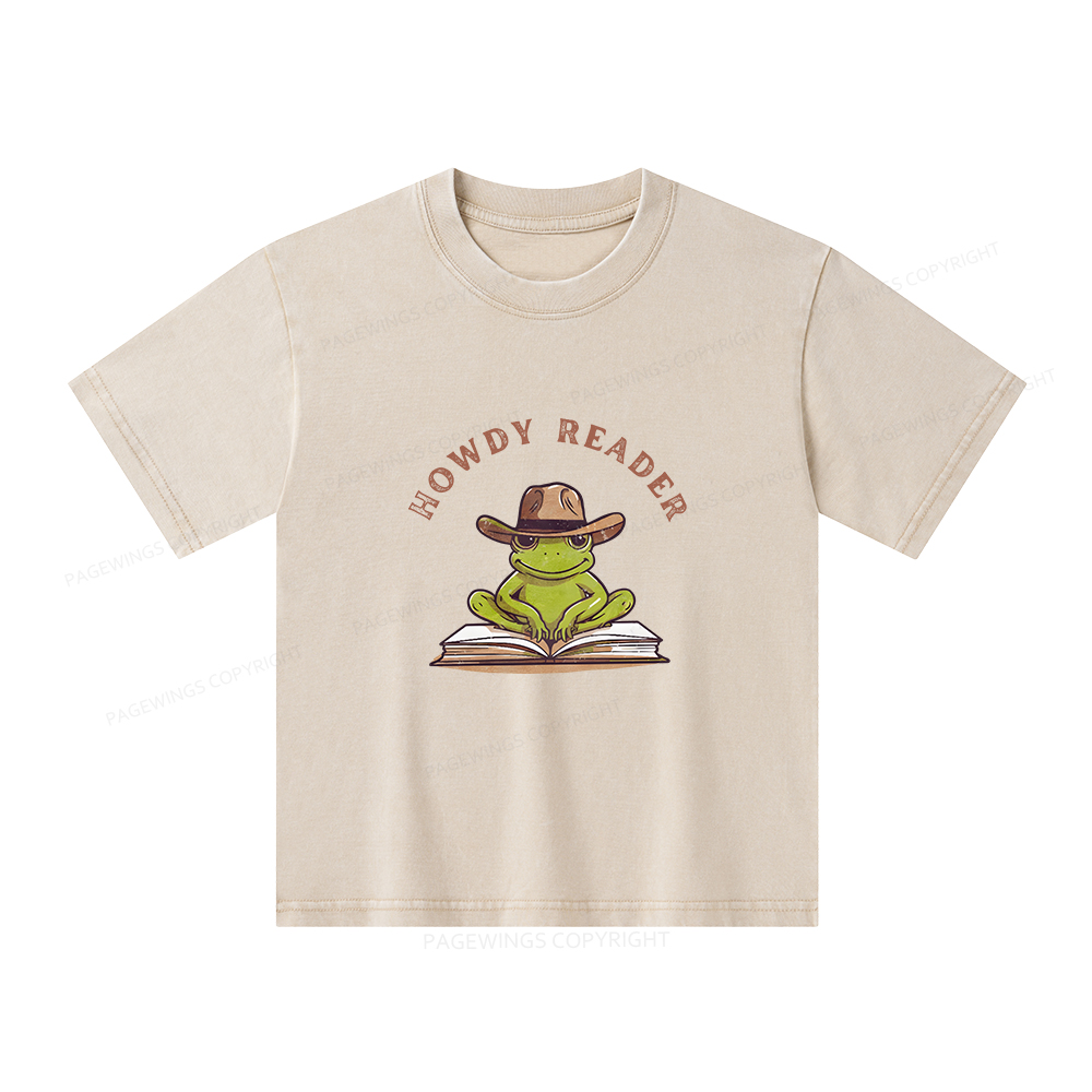 Pagewings Howdy Reader Frog Unisex Kids Washed T-shirt