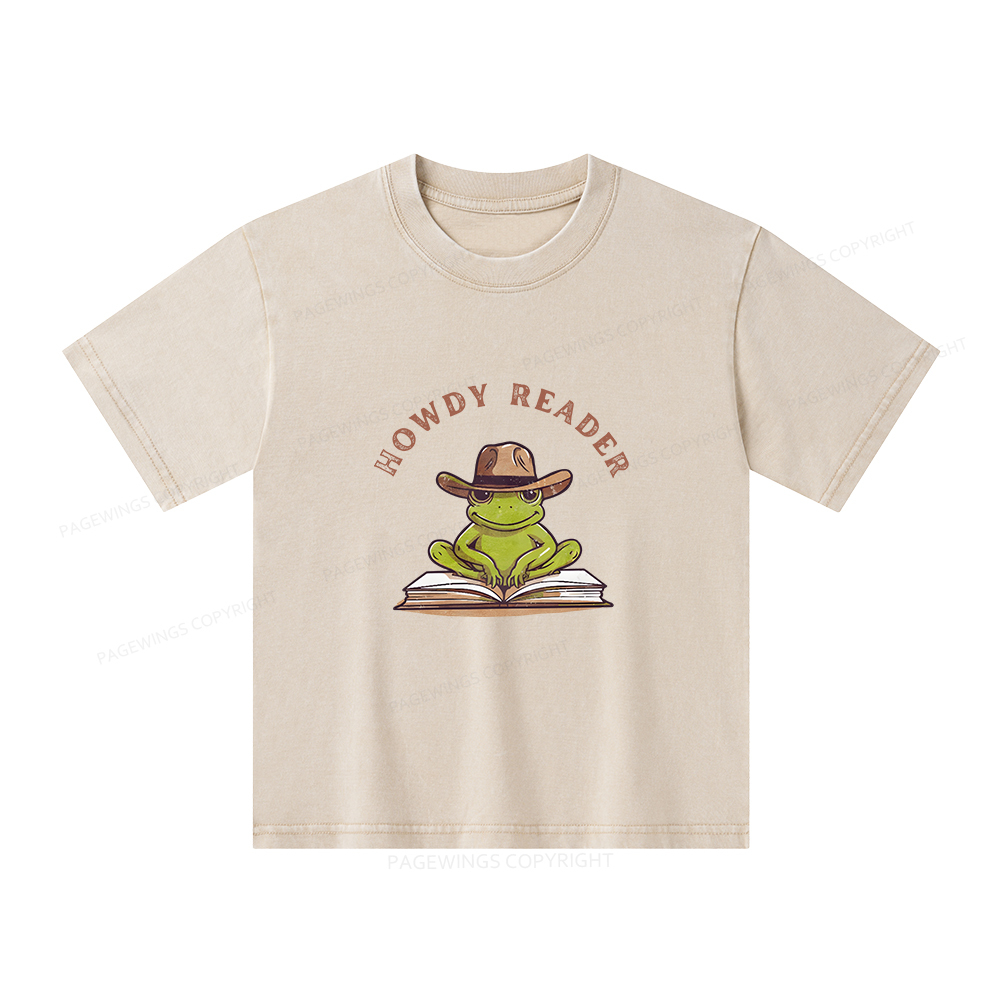 Pagewings Howdy Reader Frog Unisex Kids Washed T-shirt